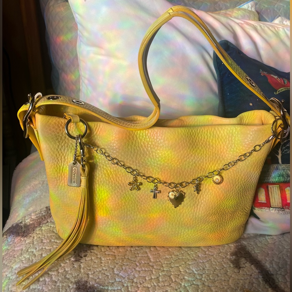 Coach Yellow Pebbled Leather Shoulder Bag with Charm Chain Accents - Picture 2 of 5